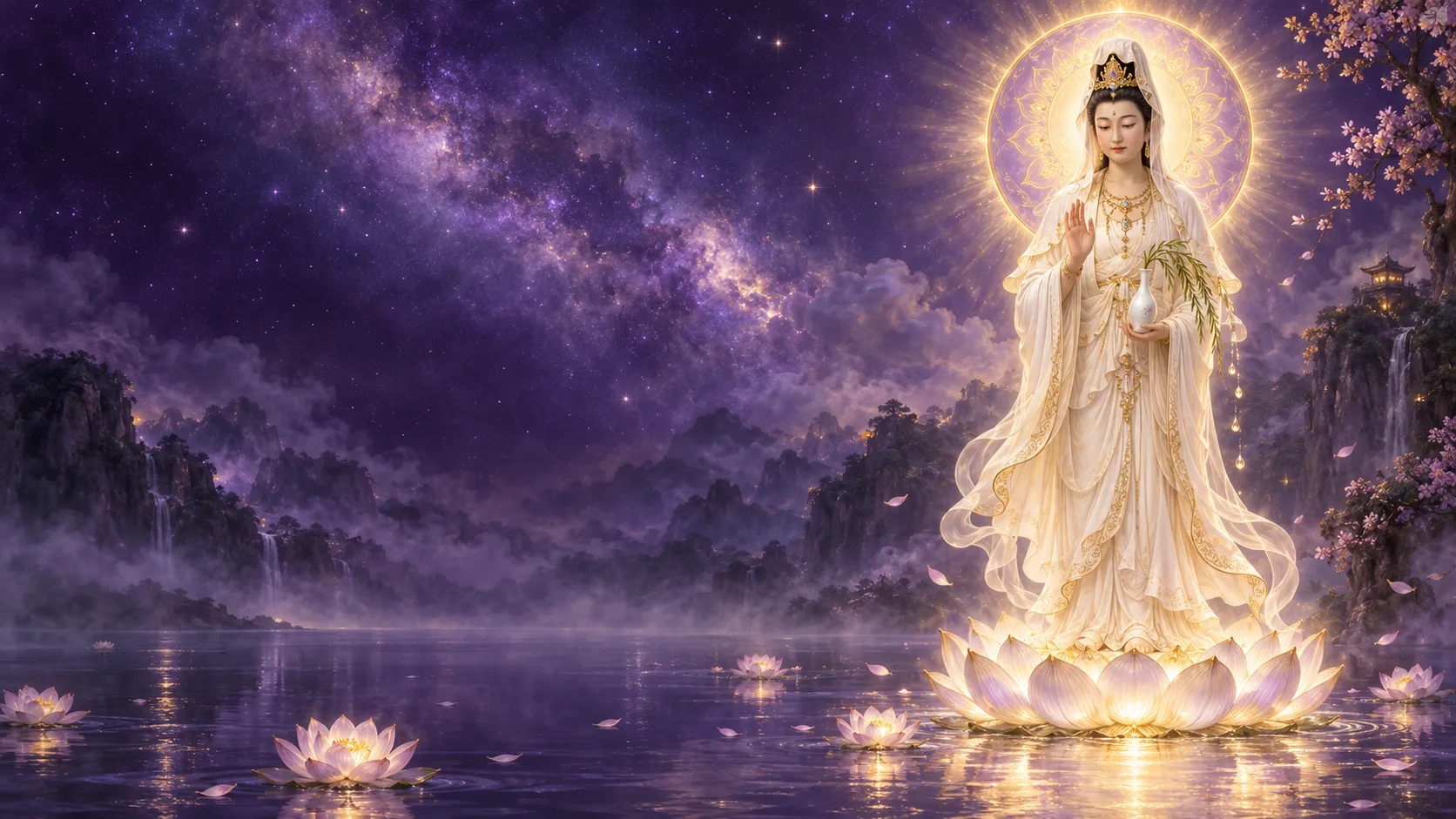 Kwan Yin de pie sobre una flor de loto, bajo un cielo violeta