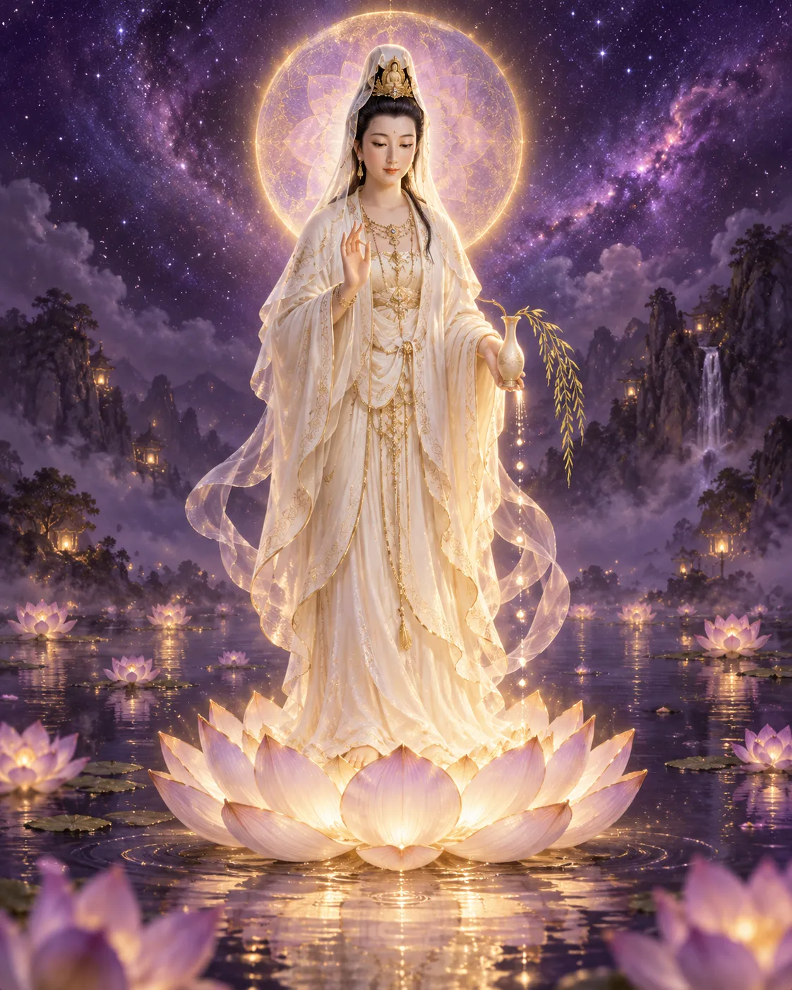 Kwan Yin de pie sobre una flor de loto, bajo un cielo violeta